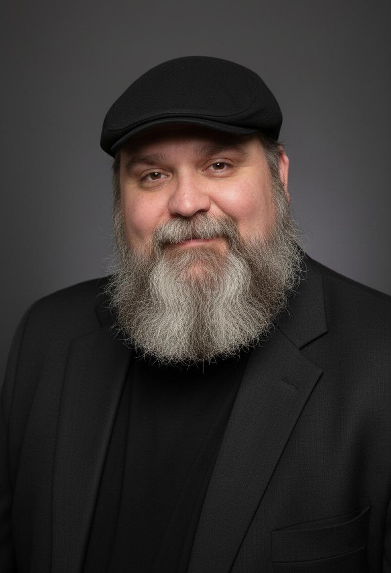M. Munda: a bearded man in a flat cap and dark jacket, photographed against a grey background.